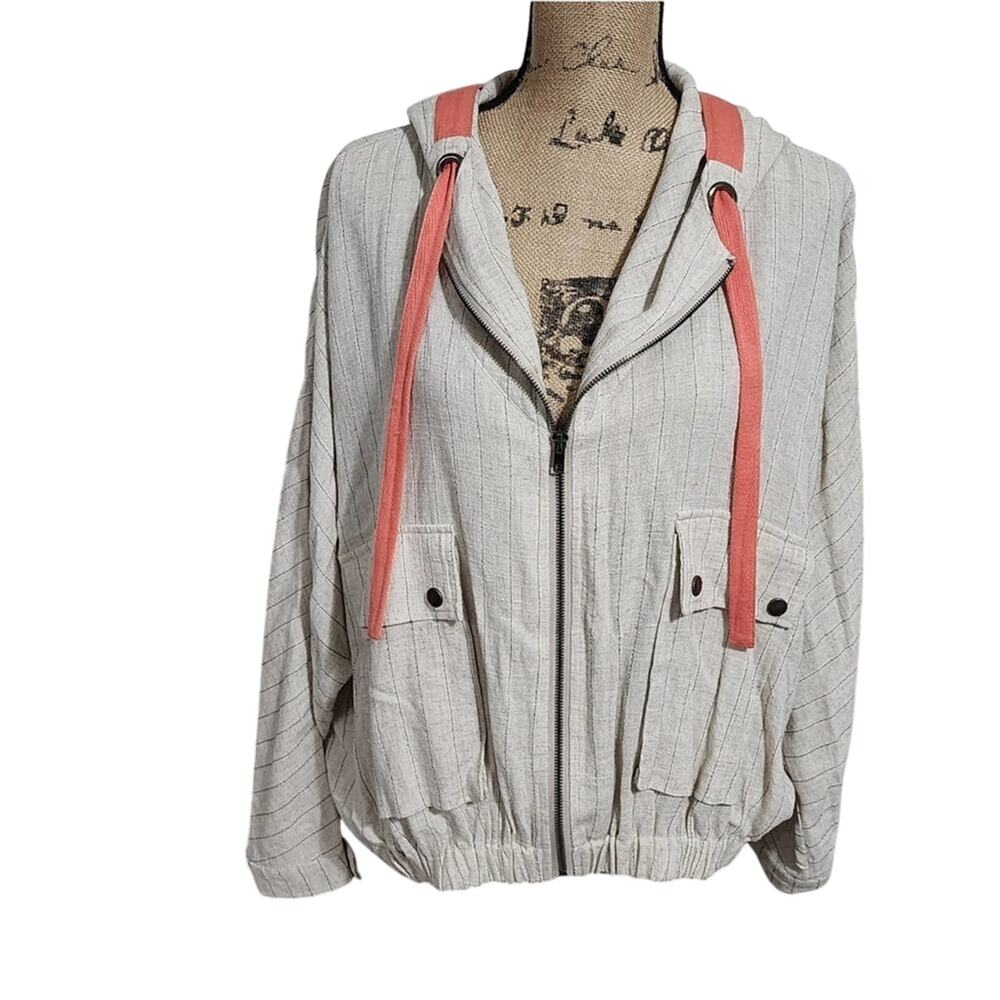 Mystree Linen Striped Hooded Lightweight Jacket Pockets Drawstring Casual medium